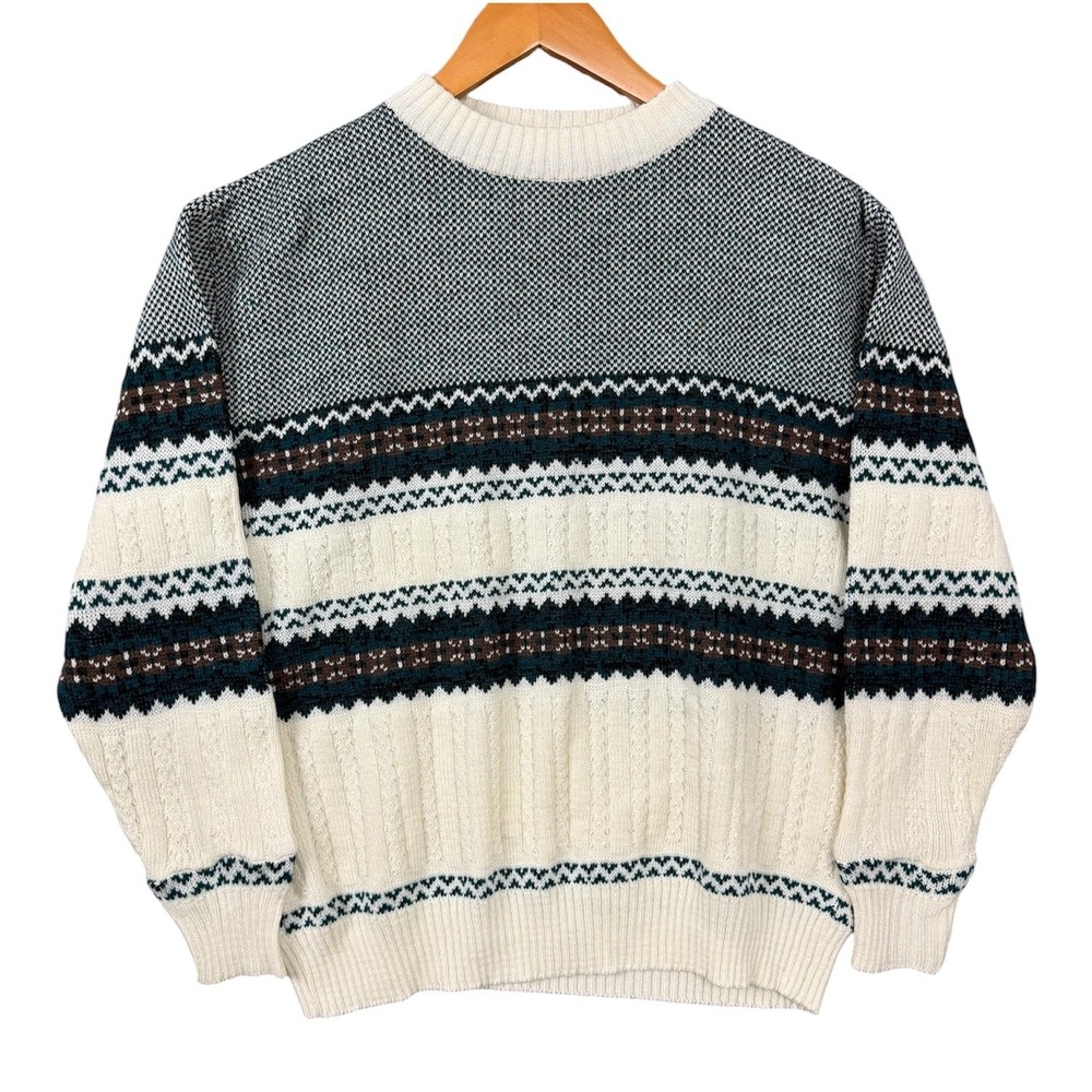 Rob Winter Sweater Mens Large White Fair Isle Crewneck Acrylic Knit Pullover L